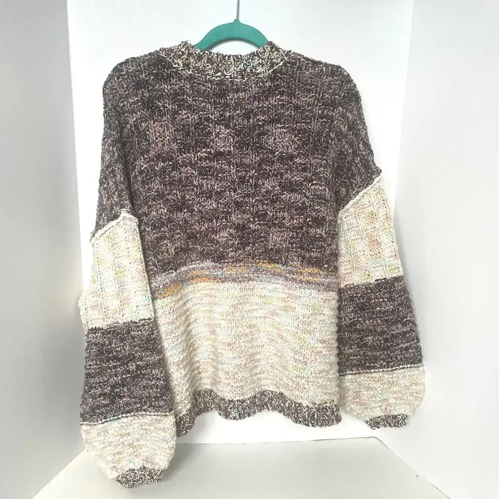 Free People Isabella Cardigan Chunky Knit Slouchy Brown Cream Patchwork L